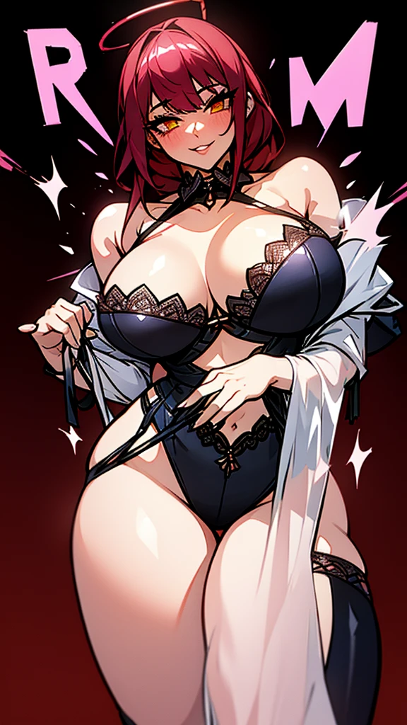 dominatrix, makeup gremory, with transparent white nightgown, scarlet hair, flirtatious smile, look of Love, thin lace lingerie, thigh high stockings, lace stockings, blushing, embarrassed, ashamed, long and thick hair, fringe, big smiling eyes, huge breasts, thin waist, prominent hips, big butt, big thick thighs,----(chaos)----, 