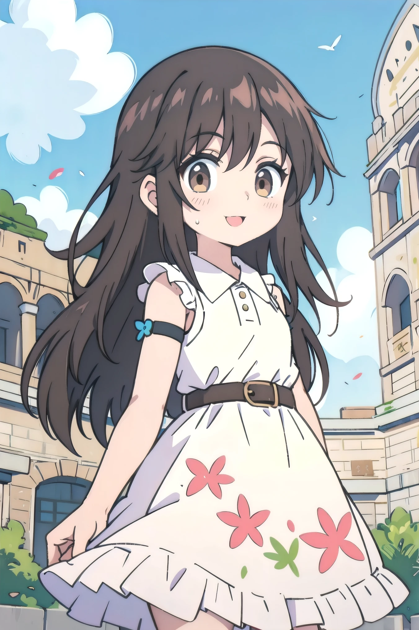 (masterpiece, best quality:1.2), 1girl, yumiko koizumi, asymmetrical bangs, bangs, black hair, blue sky, brown eyes, brown hair, cloud, cloudy sky, dress, eyebrows visible through hair, floral print, long hair, white dress, looking at viewer, outdoors, sky, colosseum, stage, sleeveless, half sleeves, belt, frills dress