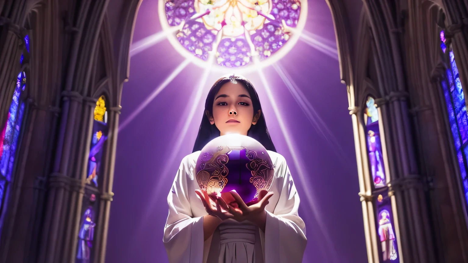 glass orb,performer, elegant, purple, Picture book illustrations, Channeling divine energy at the Cathedral of Light