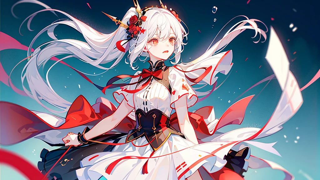 White hair, short and long, beautiful boy, cute, soft tulle dress, androgynous, white left eye, red right eye, love, fleeting, unrequited love, bubbles, solo, pale White background