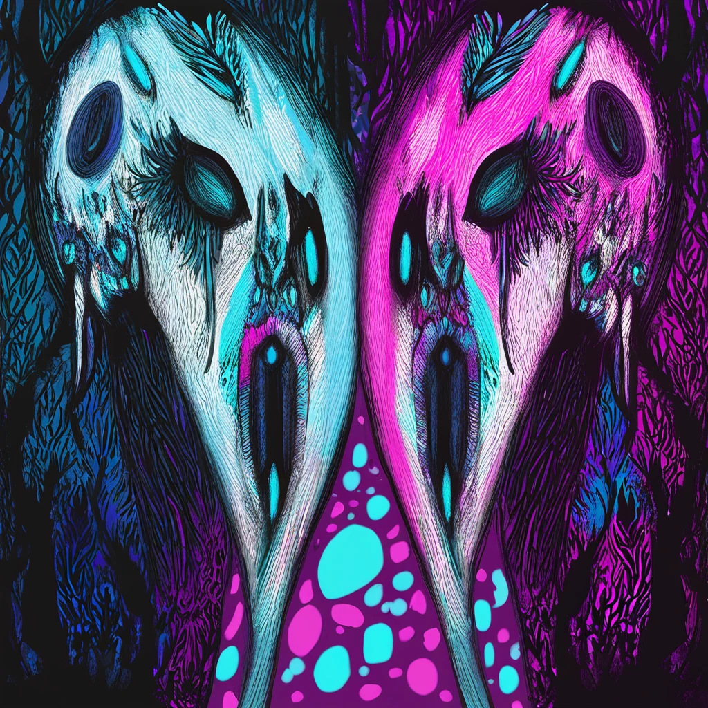 Plesios with vivid-blue white-gray and purple-pink color palette with background in nightmare fuel art style