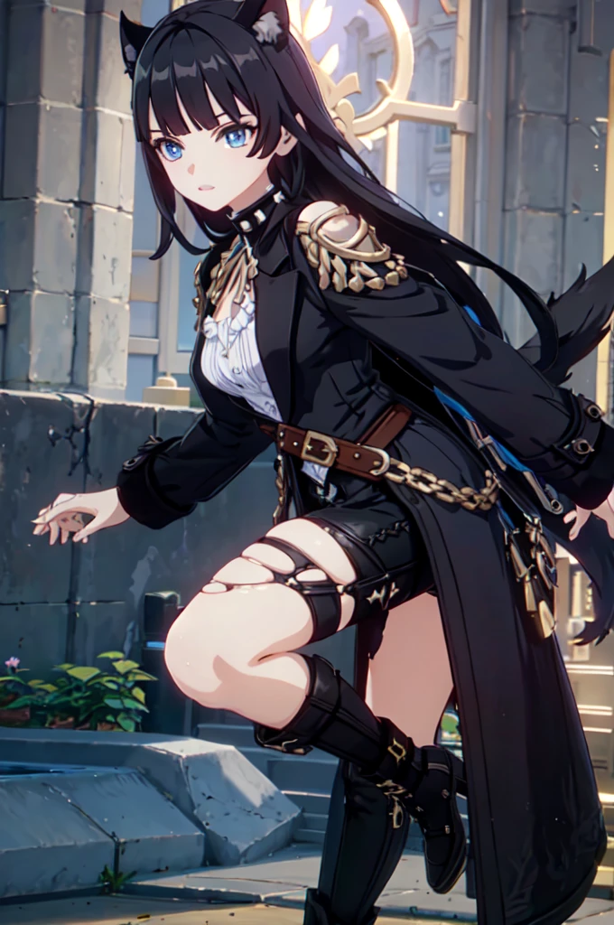 ultra detailed, masterpiece, best quality, solo, 1girl, blue eyes, (tsurime:1.2), blunt bangs, black hair, long hair, straight hair, shoulder-length hair, female focus, coat, shirt, pants, studded belt, multiple belts, combat boots, torn clothes, necklace, black cape, black and blue theme, popped collar, puppy ears, dog tail