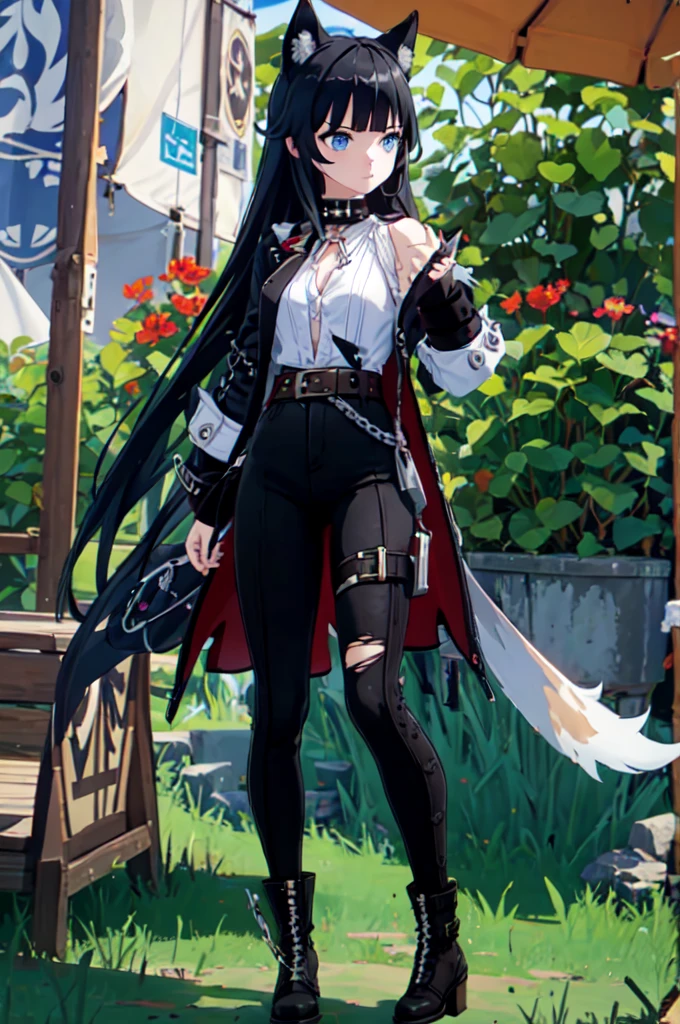 ultra detailed, masterpiece, best quality, solo, 1girl, red eyes, (tsurime:1.2), blunt bangs, black hair, long hair, straight hair, shoulder-length hair, female focus, coat, shirt, pants, studded belt, multiple belts, combat boots, torn clothes, necklace, black cape, black and red theme, popped up collar, puppy ears, dog tail, curled tail, smile