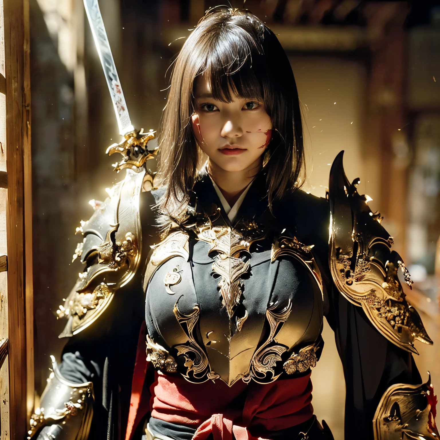 (((Realistic, masterpiece, Highest quality, Sharp details, High resolution, High detail, Rich details, Sharp focus, colorful, Perfect studio lighting))), ((20-year-old, Kasumi Arimura)),(((Beheaded, Seriously injured, Torn, Stabbed with a sword, Stabbed with a sword, in the middle of a war))), wear (((Beautifully decorated golden heavy armor, Julia Fractal Armor, Beautiful kimono with armor, Has a sword on his back, Blood splattered face, Tears of Blood, Blood Bath, Blood shed))), (((Fire everywhere, Covered in blood, Death is everywhere, Japan Bakumatsu Period, cadaver,cadaver,Burned down Japanese castle,Hellish,chaos)) Traditional village background)