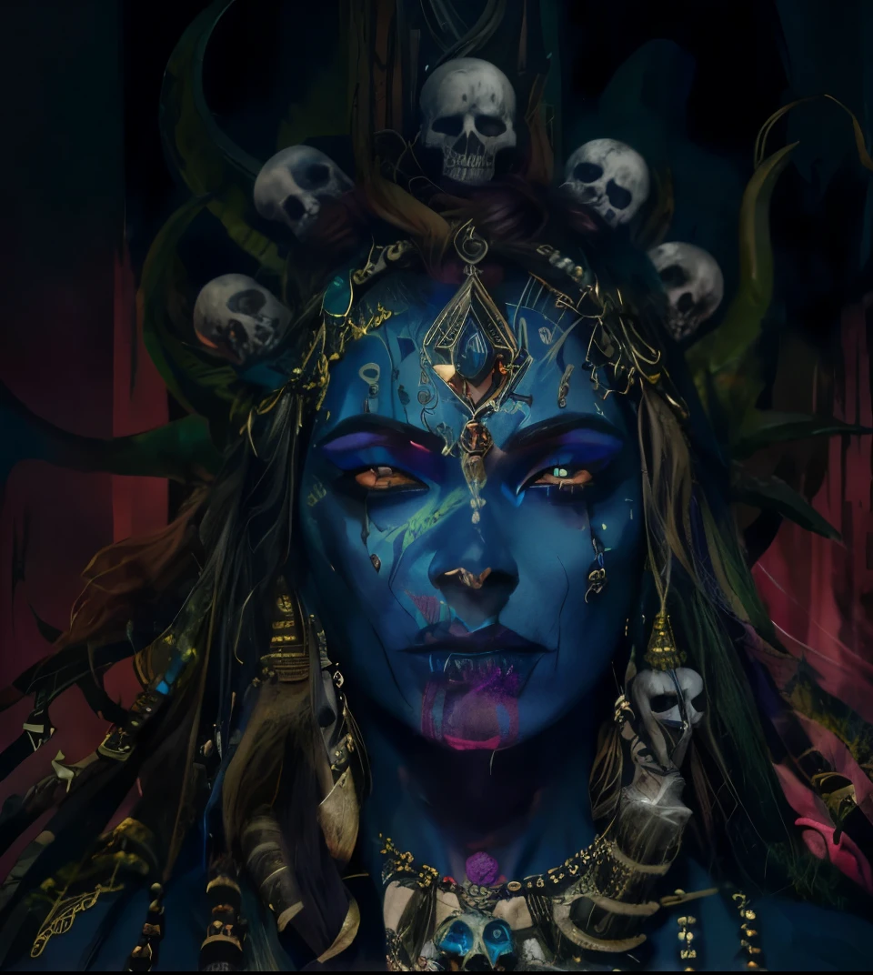a close up of a men shiva ( hindu god ) with blue makeup and skulls on her face, shamanic dmt horror art, close-up portrait goddess skull, evil godess, goddess of death, kali, gothic maiden shaman, detailed 4k horror artwork, goddess of the underworld, demon woman, psytrance and giger, dark fantasy horror art, scary color art in 4 k