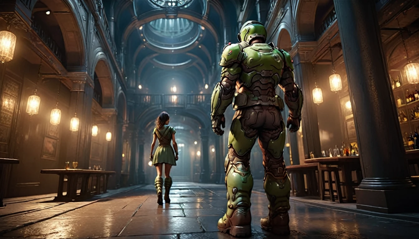 A man wearing large navy green combat armor that covers his entire body, paired with heavy iron boots and a helmet, walks through an empty bar at night with only one woman standing,back view,dramatic lighting,moody atmosphere,cinematic pose,high detail,photorealistic,intricate details,hyper realistic,depth of field,gritty environment,low key lighting,shadows and highlights,muted color palette,unreal engine,award winning cgi,masterpiece, real bar.