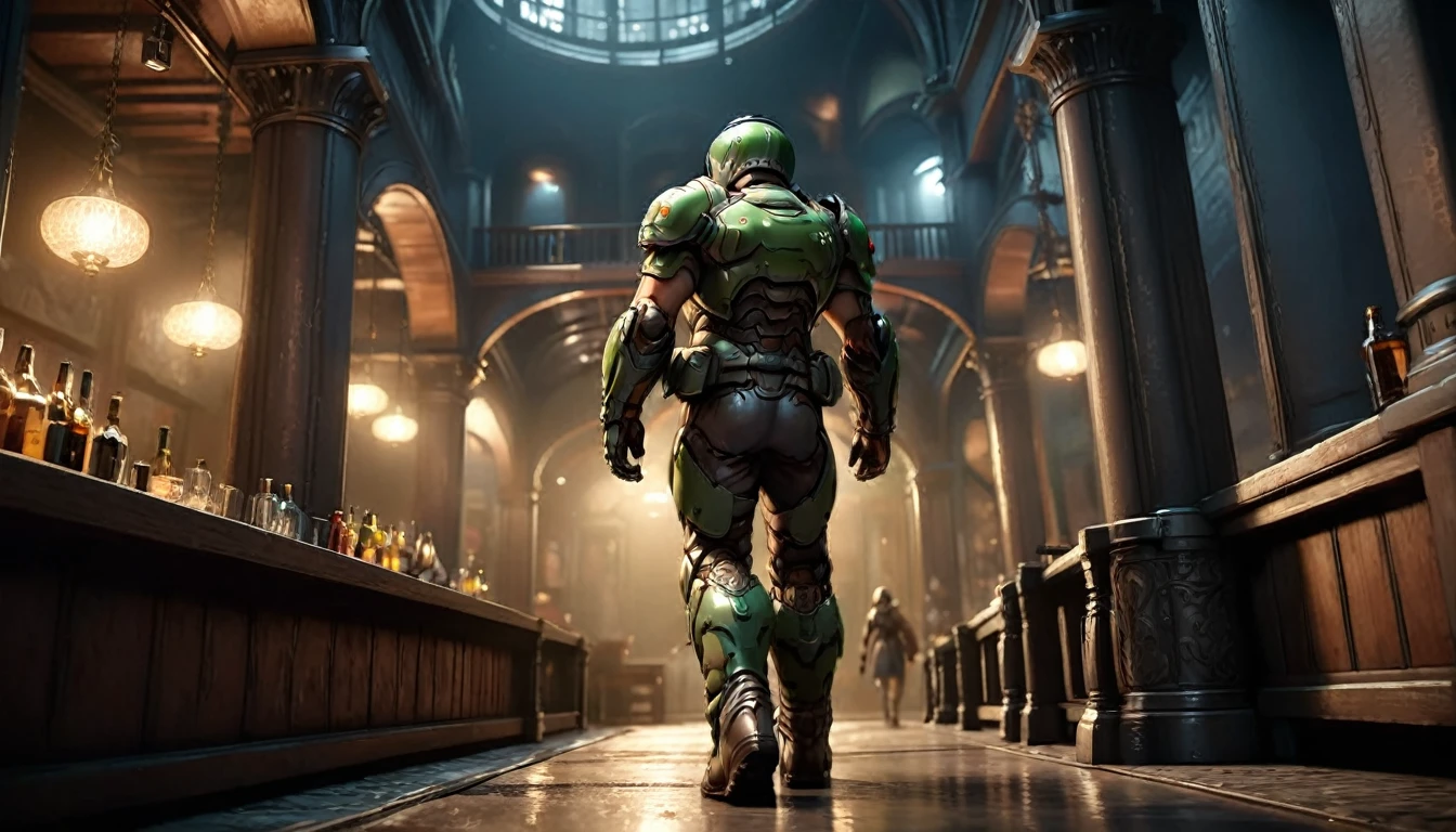 A man wearing large navy green combat armor that covers his entire body, paired with heavy iron boots and a helmet, walks through an empty bar at night with only one woman standing,back view,dramatic lighting,moody atmosphere,cinematic pose,high detail,photorealistic,intricate details,hyper realistic,depth of field,gritty environment,low key lighting,shadows and highlights,muted color palette,unreal engine,award winning cgi,masterpiece, real bar.