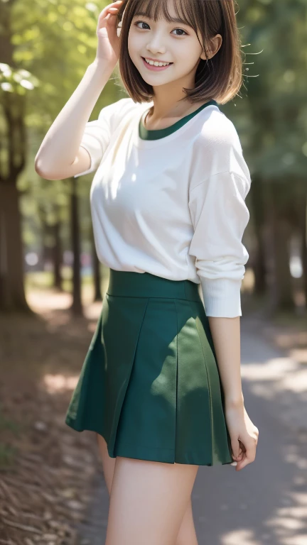 A cute girl attractive big breast beautiful beautiful red hair short loose cut her red eye soft cheek wears white button down shirt underneath long sleeve green sweater red tie collar and a light black skirt watery white socks brown shoe 