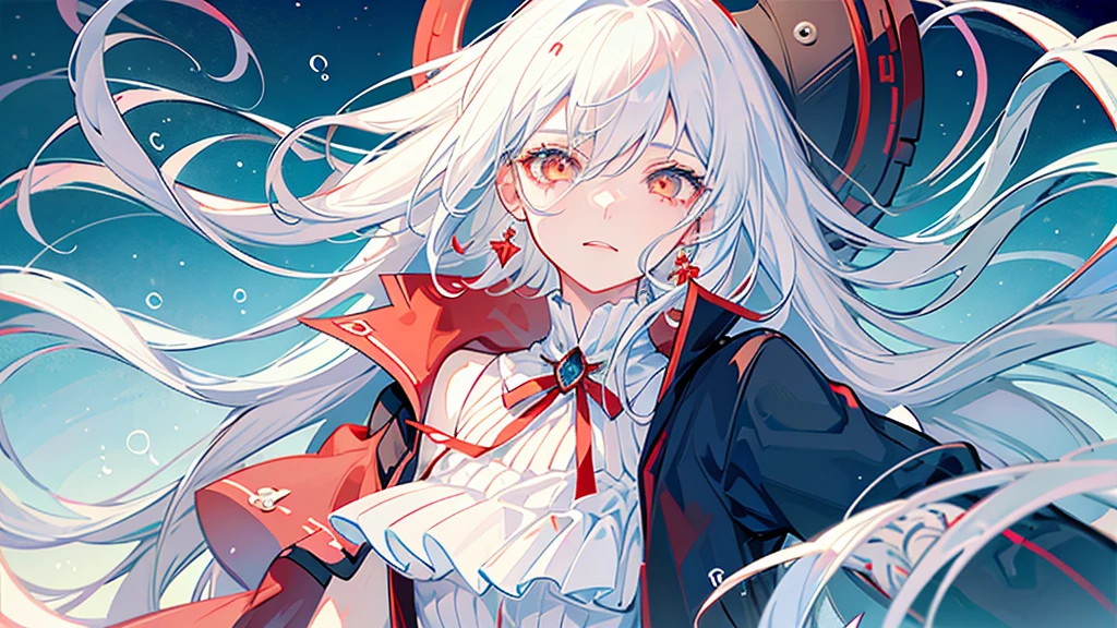 White hair, short and long, beautiful boy, cute, soft tulle dress, androgynous, white left eye, red right eye, love, fleeting, unrequited love, bubbles, solo, pale White background