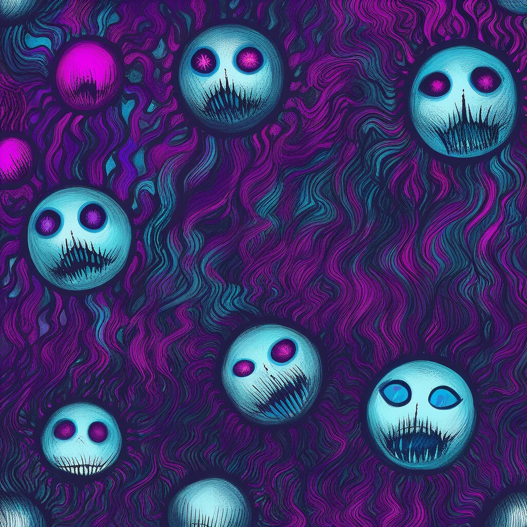Plesios with vivid-blue white-gray and purple-pink color palette with background in nightmare fuel art style