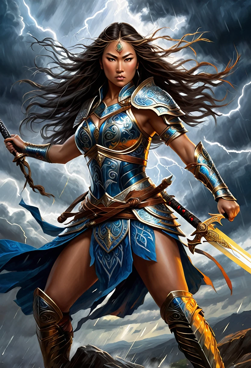 Manono, the legendary female warrior, stands tall with her sword raised high, her armor adorned with intricate designs and her long hair flowing in the wind. Capture her fierce determination and unyielding spirit in a dynamic pose, set against a backdrop of a stormy sky with lightning illuminating the dark clouds. Incorporate oil painting brush strokes and a sense of strength and bravery in the overall composition."
This prompt combines elements of Manono's legendary status, her fierce warrior spirit, and a dramatic setting to create a compelling and powerful image. The inclusion of oil painting brush strokes adds a touch of realism and artistic flair to the image, making it visually striking and memorable