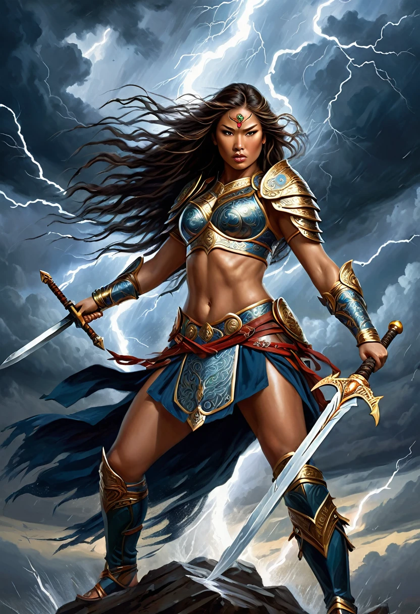 Manono, the legendary female warrior, stands tall with her sword raised high, her armor adorned with intricate designs and her long hair flowing in the wind. Capture her fierce determination and unyielding spirit in a dynamic pose, set against a backdrop of a stormy sky with lightning illuminating the dark clouds. Incorporate oil painting brush strokes and a sense of strength and bravery in the overall composition."
This prompt combines elements of Manono's legendary status, her fierce warrior spirit, and a dramatic setting to create a compelling and powerful image. The inclusion of oil painting brush strokes adds a touch of realism and artistic flair to the image, making it visually striking and memorable