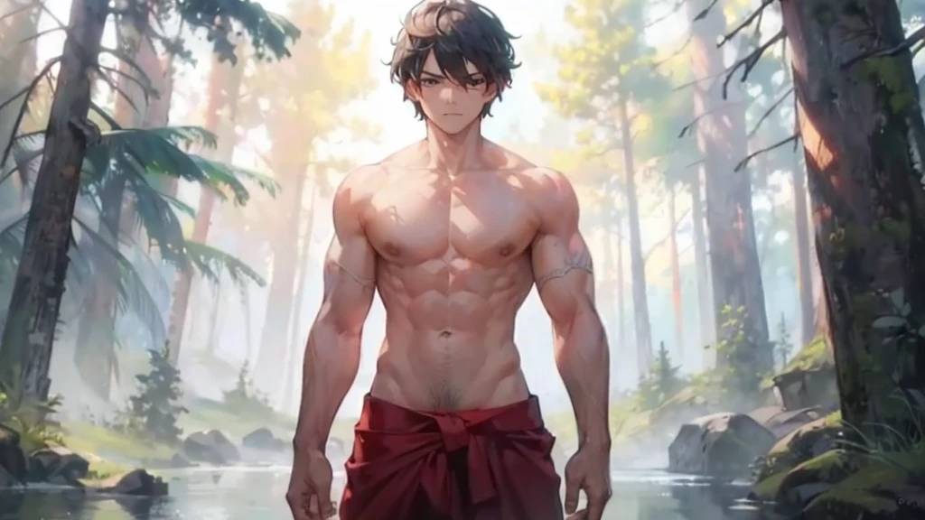 boy,without shirt,ready to fight,perfect face,forest lake,morning background,8k,masterpiece,ultrasharp,windy hair,