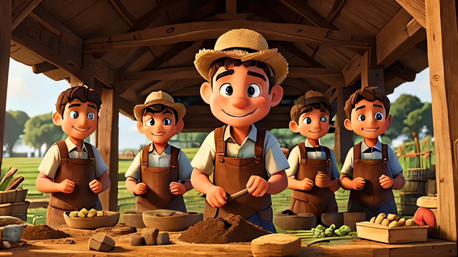 a farmer and his friends digging in various locations with expressions of hard work and determination
