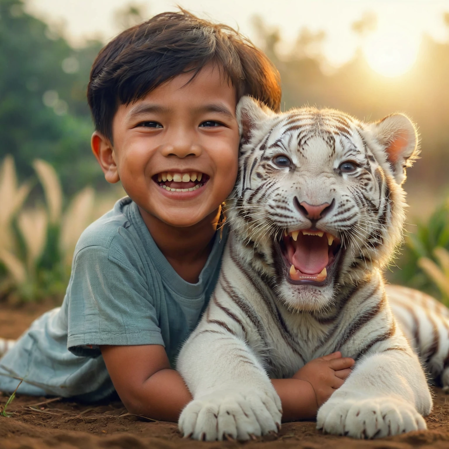 a 5 year old Indonesian boy with bald hair who was playing with a white tiger cub in a field, a happy , happy and smiling, beautiful and smiling, a cute and adorable tiger, with a happy expression, a witty smile, a sweet smile, sweet smile, wide smile, gentle admiring smile, cute and funny, cute and adorable, he is very happy, happy and excited expression, laughing, with a beautiful smile