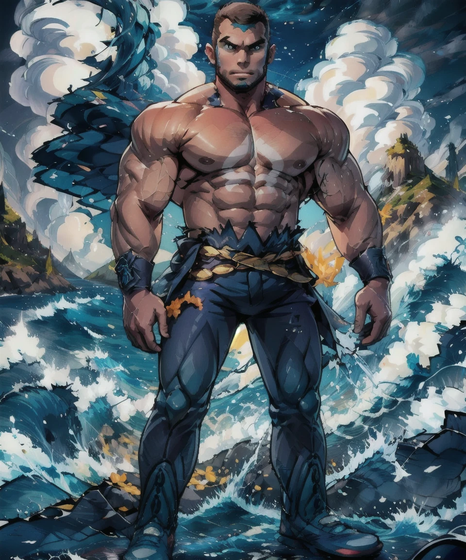 aqua_admin_matt, standing, looking at viewer,rugged body,wide arms,wide shoulders,wide chest,wide legs,wide feet,power body, mountain,sea,waves