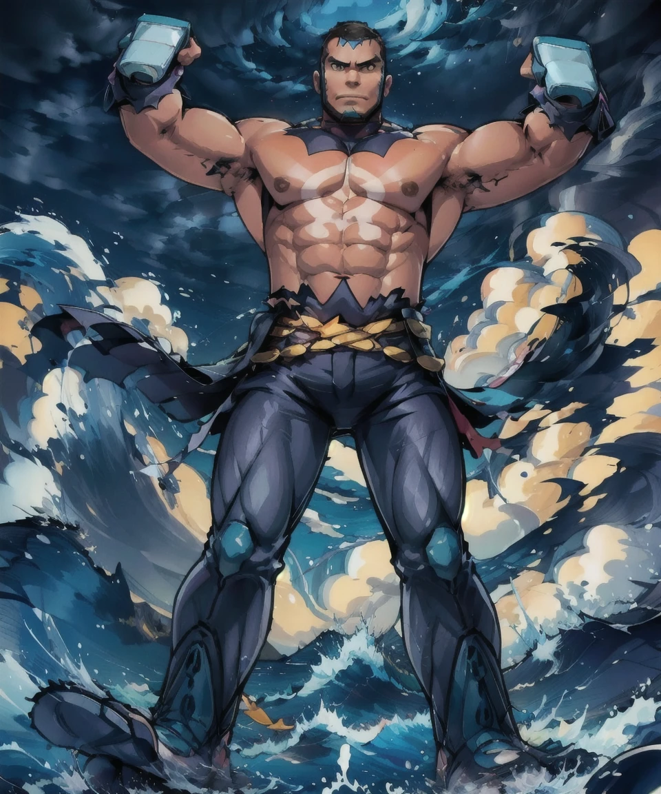 aqua_admin_matt, standing, looking at viewer,rugged body,wide arms,wide shoulders,wide chest,wide legs,wide feet,power body, mountain,sea,waves