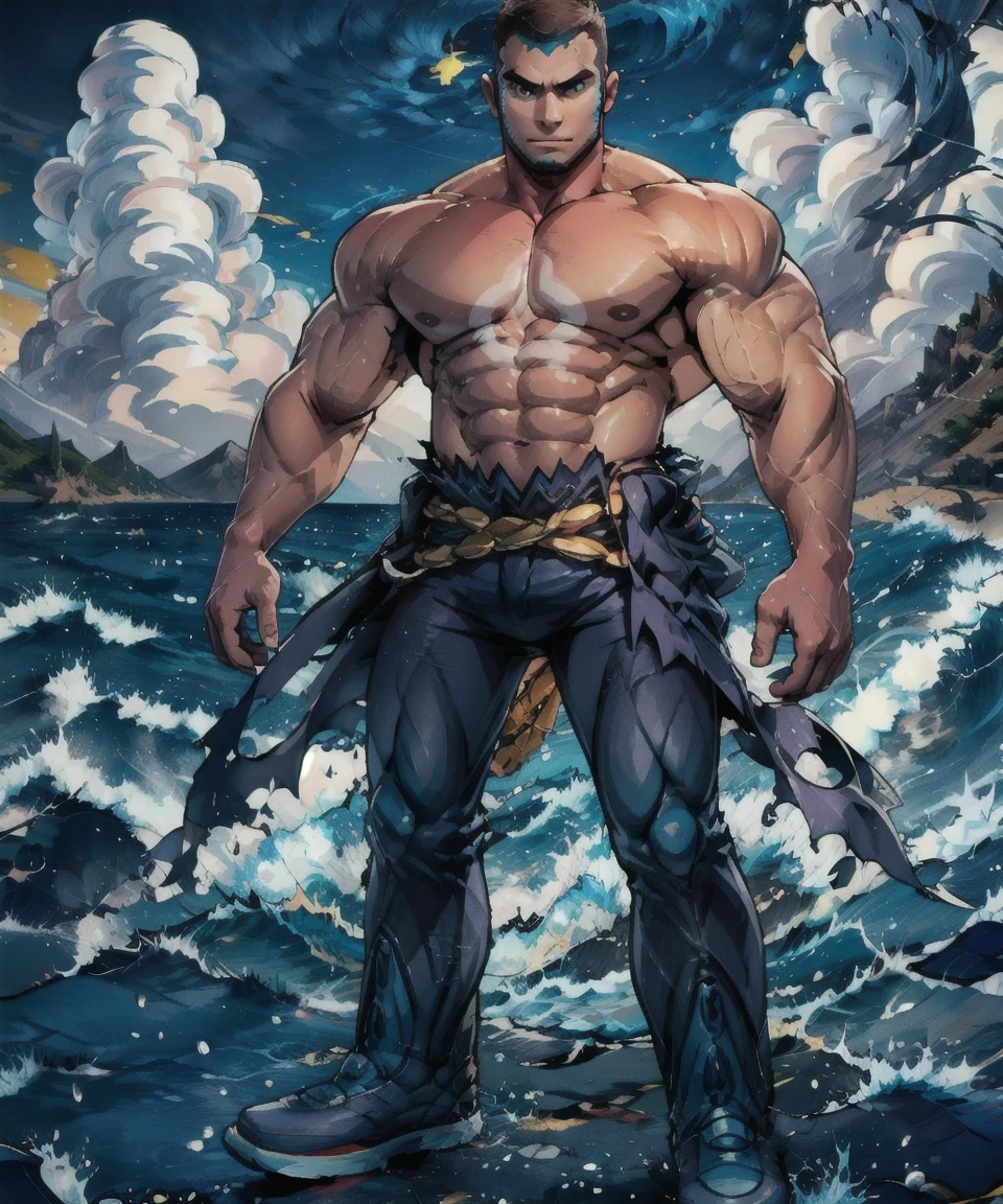 aqua_admin_matt, standing, looking at viewer,rugged body,wide arms,wide shoulders,wide chest,wide legs,wide feet,power body, mountain,sea,waves