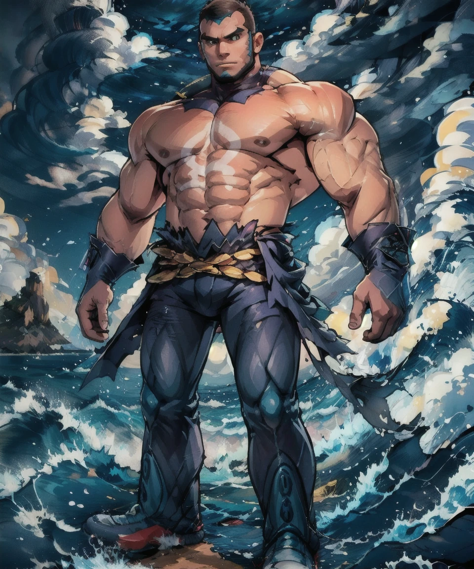 aqua_admin_matt, standing, looking at viewer,rugged body,wide arms,wide shoulders,wide chest,wide legs,wide feet,power body, mountain,sea,waves