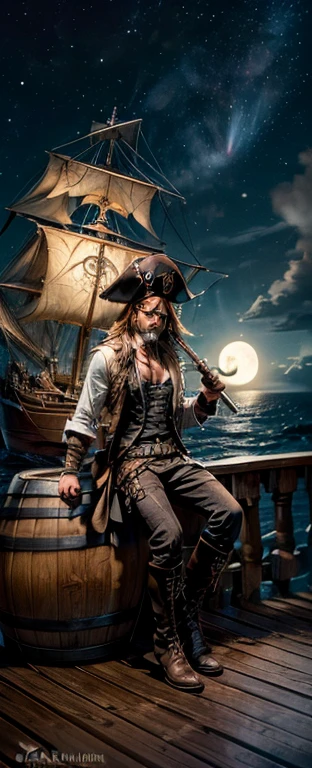 16K, High Quality, High Resolution, High Art, High Focus, High Range, (Sparrow Jack) , white, ((image of a man, (coastplay, Cat) in pirate style, vest, pirate hat, (eye patch), jolly roger, pirate boots, one leg, crutch, saber, huge smoking pipe (expensive, rich)), sitting (full height, lamp lighting) on a barrel of gunpowder, screaming sos, /(wide, view) deck of a porusnik, night sky in neon glow (top focus), wind, storm waves, wind dynamics, huge moon, stars, starfall, magic radiance. Masterpiece, Illustration, humor, drawing,