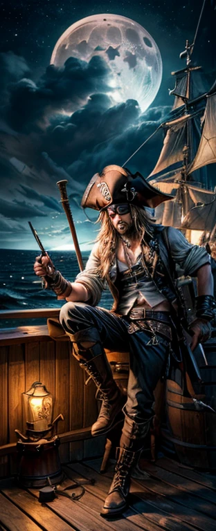 16K, High Quality, High Resolution, High Art, High Focus, High Range, (Sparrow Jack) , white, ((image of a man, (coastplay, Cat) in pirate style, vest, pirate hat, (eye patch), jolly roger, pirate boots, one leg, crutch, saber, huge smoking pipe (expensive, rich)), sitting (full height, lamp lighting) on a barrel of gunpowder, screaming sos, /(wide, view) deck of a porusnik, night sky in neon glow (top focus), wind, storm waves, wind dynamics, huge moon,  stars, starfall, magic radiance. Masterpiece, Illustration, humor, drawing, 