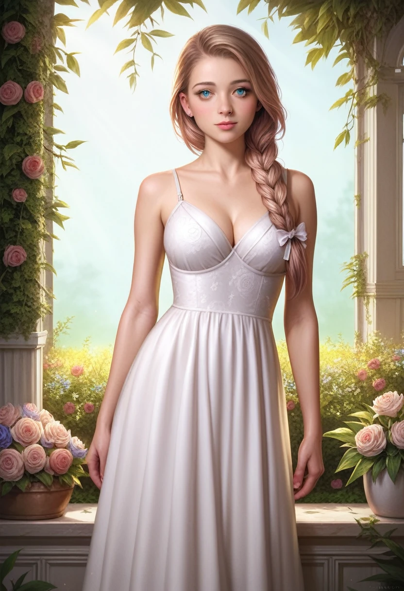 (best quality, 8k, masterpiece, highres, ultra-detailed), photorealistic, Tsukasa Hojo style, young woman, white dress, delicate floral pattern, graceful pose, garden, simple braid, gentle expression, dreamy eyes, soft lighting, romantic atmosphere, ethereal beauty, youthful innocence, delicate details, soft shadows, subtle details, realistic skin.