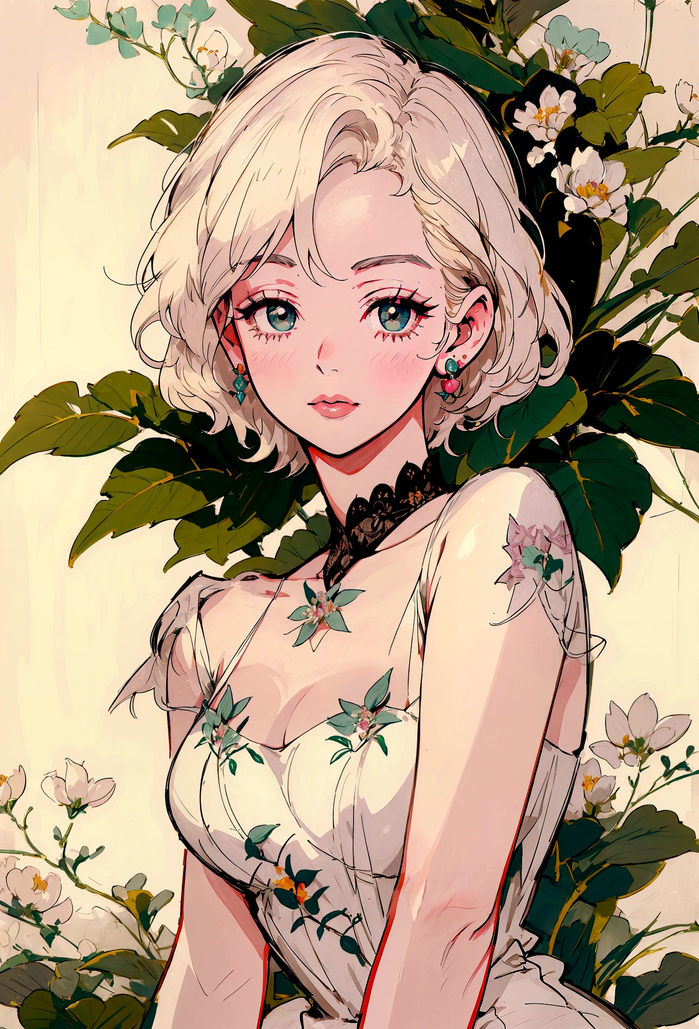 Marilyn Monroe, Anime Style, Short Hair, Platinum Blonde, She is wearing a beautiful embroidered silk dress., Gentle expression, Elegant, Ultra-detailed botanical references, Line Designer, Digital Illustration, Maximalist Botany, beautifully、Aesthetically beautiful illustration masterpiece, Topaz AI Post Editing