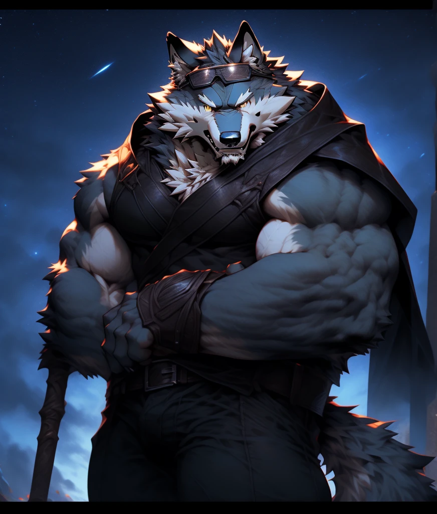 Wolf, Partially shaded, Black Cape. 4K, High resolution, Highest quality, Perfect color, Perfect Shadow, Perfect lighting, Posted on e621, Hairy body, Wolf, Grey fur, Grey Skin, alone, male, Adult, Bare Chest, male性的な, (Very muscular, Buffs, Heavyweight, Strong-chested gigachad:1.2), Correct Anatomy, (Photorealistic fur, Fine fur, amazing, masterpiece:1.2), (Dark fantasy world background, wood, Black Sky, night, cold), (by taran fiddler, by Tuni, From Traver009, From WFA:1.1), (black leather underwear, belt:1.2), (Fine grain, Golden Eyes:1.2), (Half Body:1.1), Serious face, Strong stance, I am proud, Soft Shadows, View your viewers, Disheveled fur, Blunt