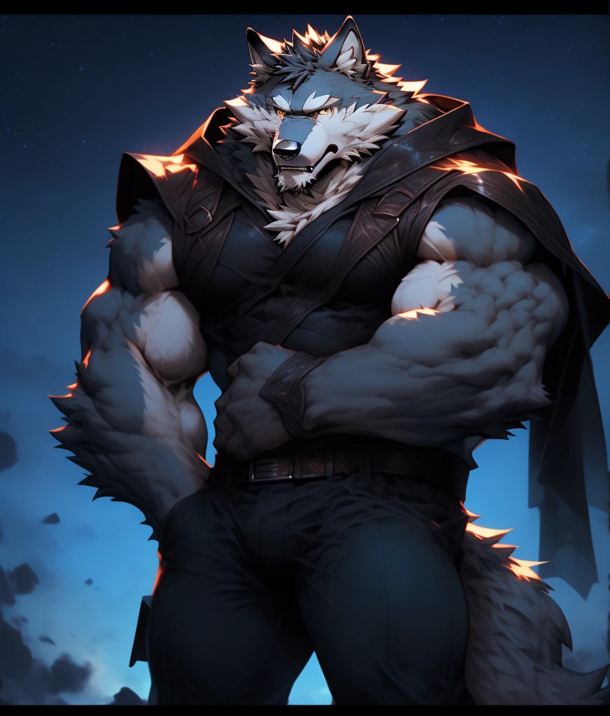Wolf, Partially shaded, Black Cape. 4K, High resolution, Highest quality, Perfect color, Perfect Shadow, Perfect lighting, Posted on e621, Hairy body, Wolf, Grey fur, Grey Skin, alone, male, Adult, Bare Chest, male性的な, (Very muscular, Buffs, Heavyweight, Strong-chested gigachad:1.2), Correct Anatomy, (Photorealistic fur, Fine fur, amazing, masterpiece:1.2), (Dark fantasy world background, wood, Black Sky, night, cold), (by taran fiddler, by Tuni, From Traver009, From WFA:1.1), (black leather underwear, belt:1.2), (Fine grain, Golden Eyes:1.2), (Half Body:1.1), Serious face, Strong stance, I am proud, Soft Shadows, View your viewers, Disheveled fur, Blunt