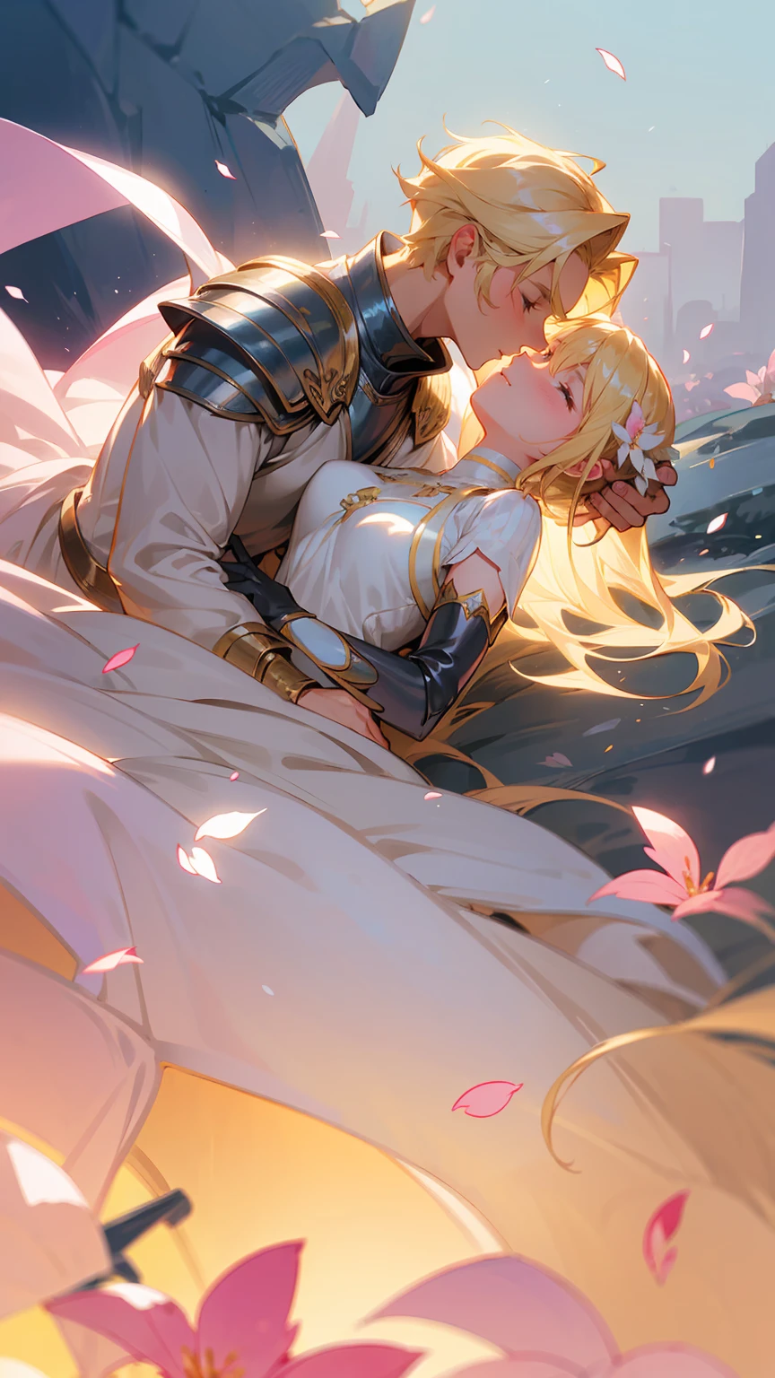 Create a romantic scene of a blonde man in silver armor embracing a blonde woman in a delicate, flowing dress. Both characters have flowers in their hair, and they share an intimate moment, touching foreheads. The background features a dreamy, pastel-colored garden with pink petals falling around them, creating a magical and enchanting atmosphere.