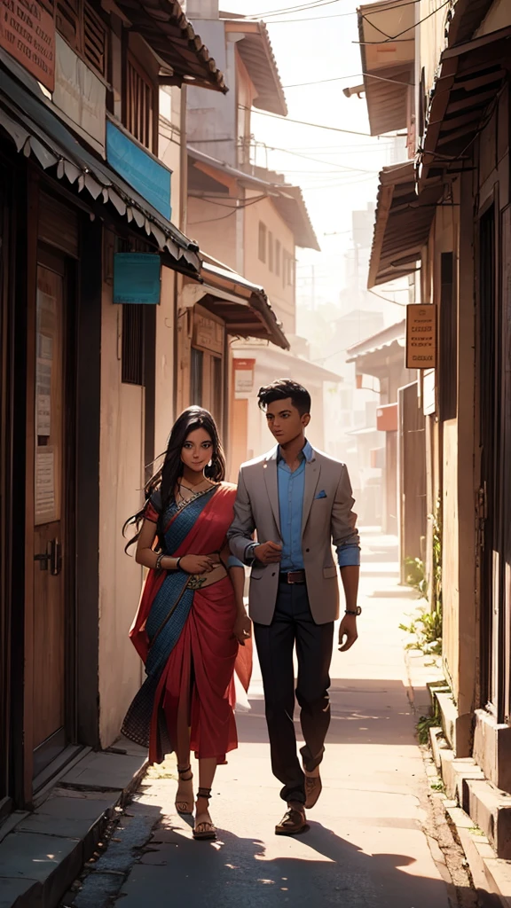 A young man walking with a beautiful Indian woman in the streets of the village