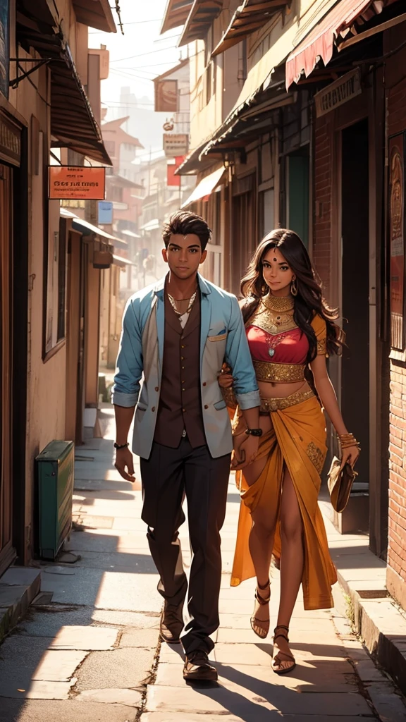 A young man walking with a beautiful Indian woman in the streets of the village