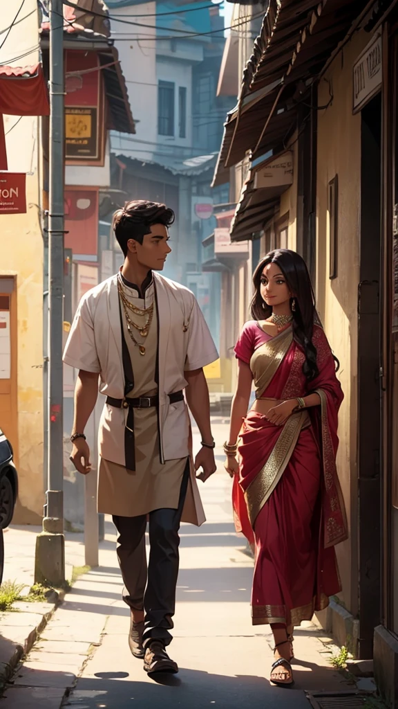 A young man walking with a beautiful Indian woman in the streets of the village