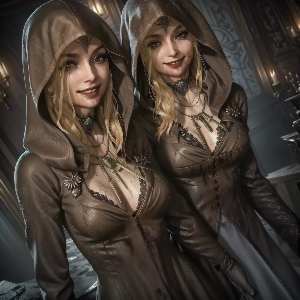 (masterpiece, Best quality)
Daniela Dimitrescu, 1 girl, One, long hair, breast, Looking at the viewer, smile, blonde hair, jewelry, Weapon, teeth, necklace, hood, necklace, grin, blood, a knife, realistic, evil smile, seams