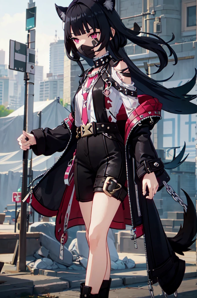 ultra detailed, masterpiece, best quality, solo, 1girl, pink eyes, (tsurime:1.2), blunt bangs, black hair, long hair, straight hair, shoulder-length hair, female focus, coat, shirt, pants, studded belt, multiple belts, combat boots, torn clothes, necklace, black cape, black and pink theme, popped up collar, puppy ears, dog tail, curled tail