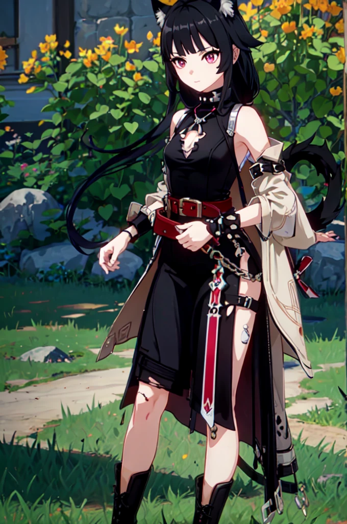 ultra detailed, masterpiece, best quality, solo, 1girl, pink eyes, (tsurime:1.2), blunt bangs, black hair, long hair, straight hair, shoulder-length hair, female focus, coat, shirt, pants, studded belt, multiple belts, combat boots, torn clothes, necklace, black cape, black and pink theme, popped up collar, puppy ears, dog tail, curled tail