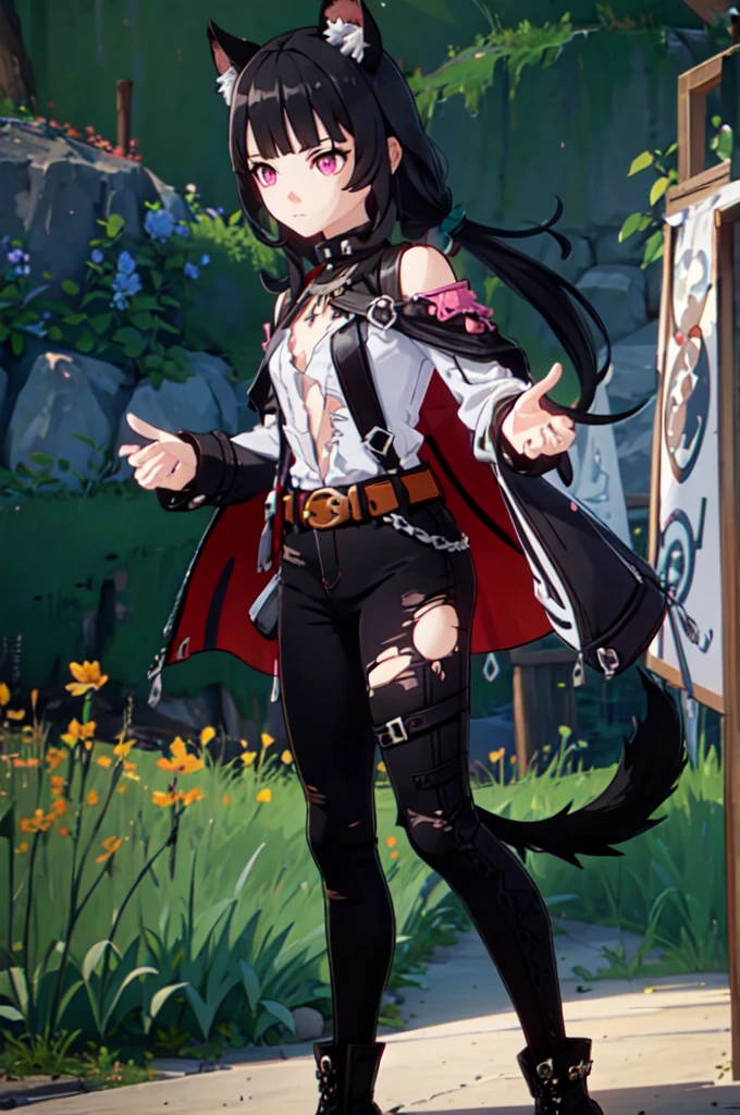 ultra detailed, masterpiece, best quality, solo, 1girl, pink eyes, (tsurime:1.2), blunt bangs, black hair, long hair, straight hair, shoulder-length hair, female focus, coat, shirt, pants, studded belt, multiple belts, combat boots, torn clothes, necklace, black cape, black and pink theme, popped up collar, puppy ears, dog tail, curled tail