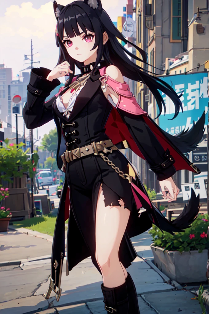 ultra detailed, masterpiece, best quality, solo, 1girl, pink eyes, (tsurime:1.2), blunt bangs, black hair, long hair, straight hair, shoulder-length hair, female focus, coat, shirt, pants, studded belt, multiple belts, combat boots, torn clothes, necklace, black cape, black and pink theme, popped up collar, puppy ears, dog tail, curled tail