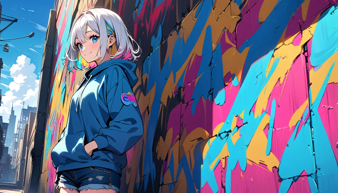 HD 8K Handsome cute, Solitary, 1 female, Medium Length Hair, white hair, Rainbow hair, blue Eyes, Rainbow headphone, hoodie, colored hoodie, denim shorts, Human focus, outdoor, blue sky, White clouds, graffiti wall, smile,