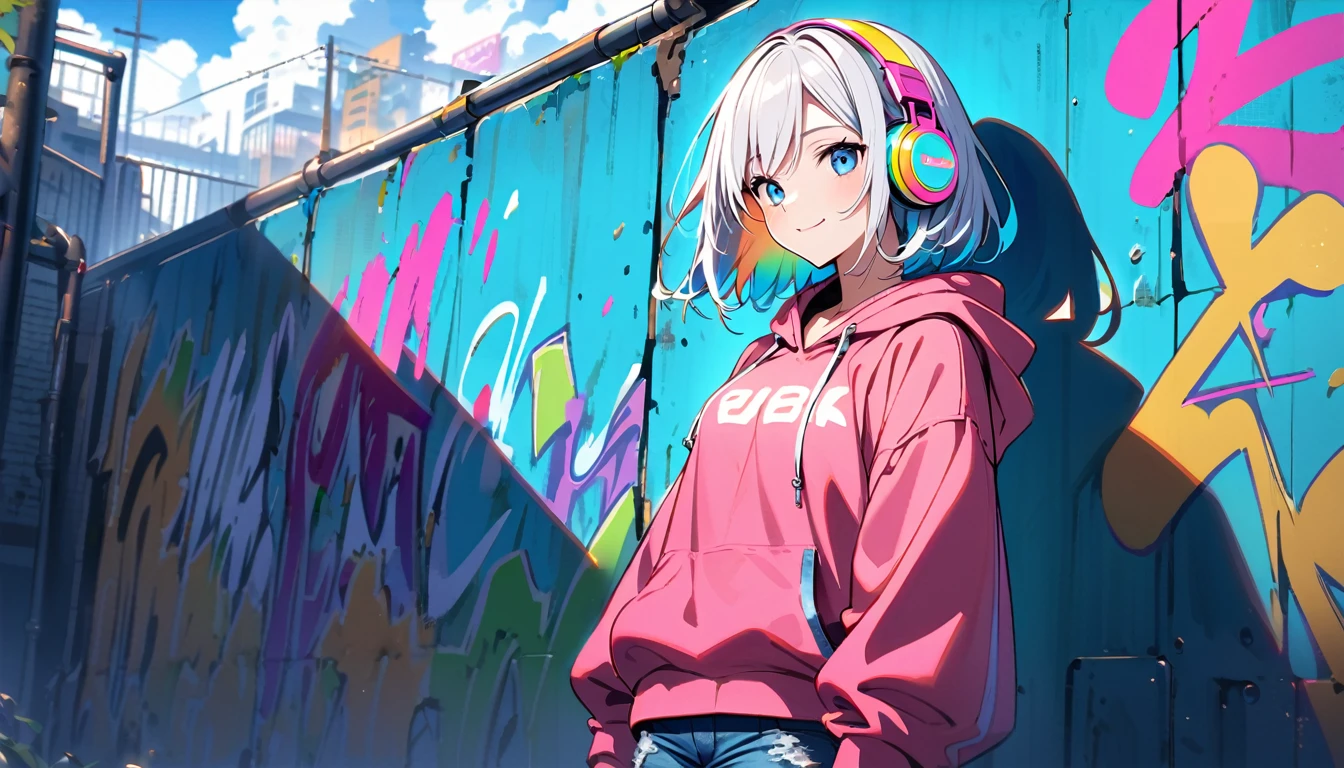 HD 8K Handsome cute, Solitary, 1 female, Medium Length Hair, white hair, Rainbow hair, blue Eyes, Rainbow headphone, hoodie, colored hoodie, denim shorts, Human focus, outdoor, blue sky, White clouds, graffiti wall, smile,