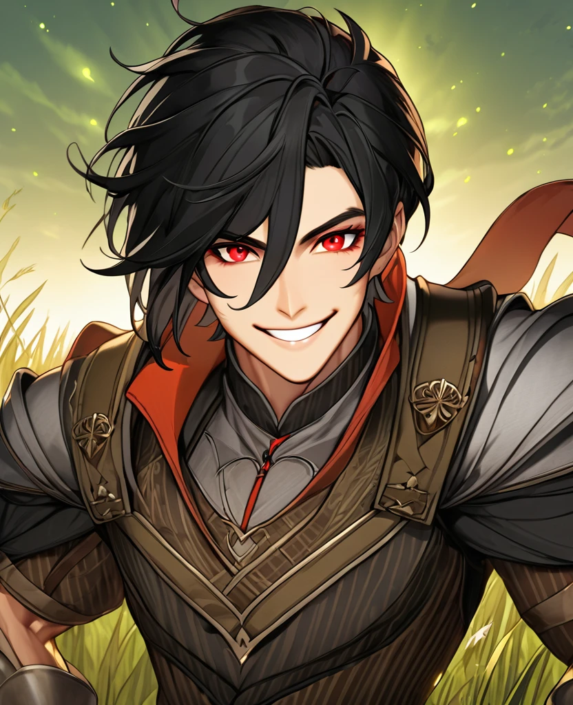 (black_hair), (Red_eyes), (detailed_eyes), (crazy_smile), (attractive), (grassland_background), (glowing_eyes), (male), (medieval_clothing), (detailed_Hair), (detailed), (detailed_mouth), (manly_physique),