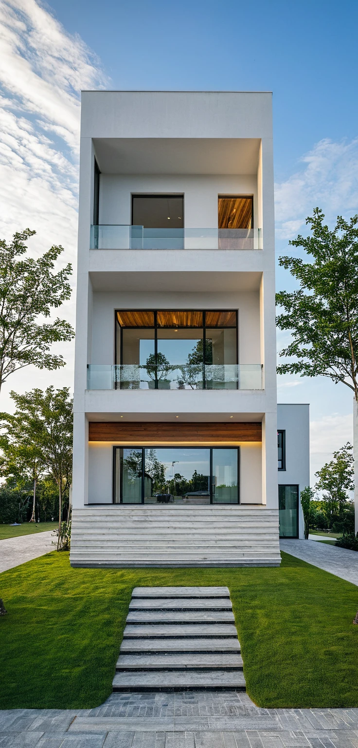 Masterpiece, high quality, best quality, authentic, super detail, outdoors, onestoreyvillaXL, aiaigroup, house style modern on the street ,stairs, white wall ,road,pavement, grass, trees, sky, cloud, (daylight:1.1)
