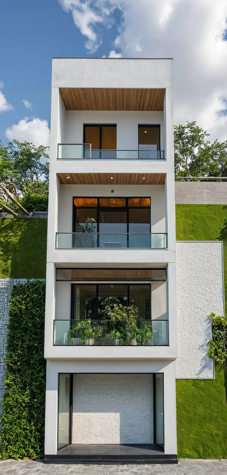 Masterpiece, high quality, best quality, authentic, super detail, outdoors, onestoreyvillaXL, aiaigroup, house style modern on the street ,stairs, white wall ,road,pavement, grass, trees, sky, cloud, (daylight:1.1)