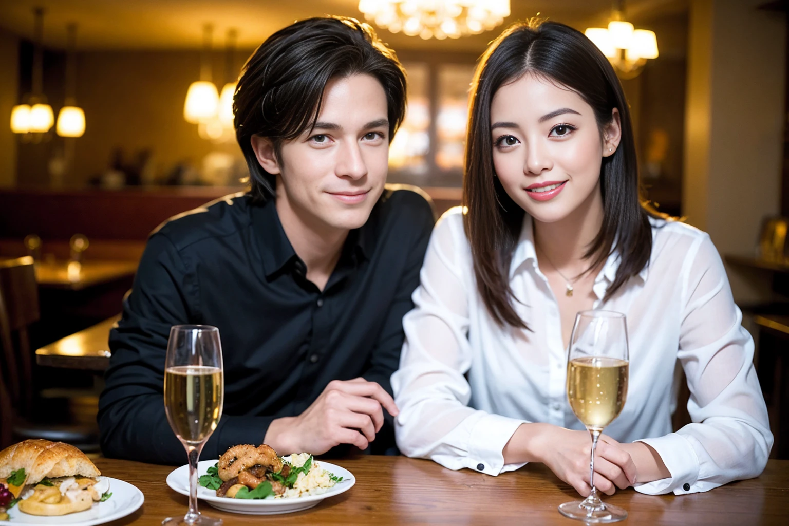 ((Highest quality、8K、masterpiece:1.3))、1 male、1 female、Satomi Ishihara、Beautiful couple、smile、full-course dinner、 (Slim face), (the body is スリム), (Brown Hair), (Shortcuts), ((Bob Hale、Straight hair:1.2)), テーブルの上のwine glass、Put the light on your face、 Amazing view of the sunset sky and clouds、smileの美しさ、Bright image、Blushing, Shortcuts, (43 years old), 39 years old, Appetizers、Italian food、Wine bottle、Champagne、sparkling wine、Long sleeve shirt、dress、Attractive beauty、restaurant, Nova Frog Style, actress, model, Upper Body, White wine, red wine, wine glass, 