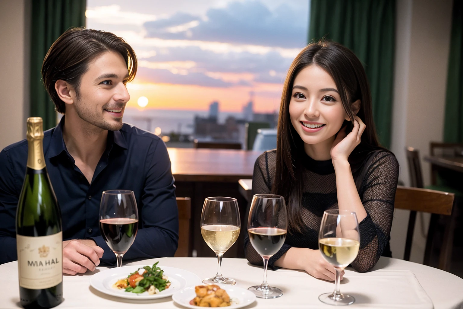((Highest quality、8K、masterpiece:1.3))、1 male、1 female、Satomi Ishihara、Beautiful couple、smile、full-course dinner、 (Slim face), (the body is スリム), (Brown Hair), (Shortcuts), ((Bob Hale、Straight hair:1.2)), テーブルの上のwine glass、Put the light on your face、 Amazing view of the sunset sky and clouds、smileの美しさ、Bright image、Blushing, Shortcuts, (43 years old), 39 years old, Appetizers、Italian food、Wine bottle、Champagne、sparkling wine、Long sleeve shirt、dress、Attractive beauty、restaurant, Nova Frog Style, actress, model, Upper Body, White wine, red wine, wine glass, 