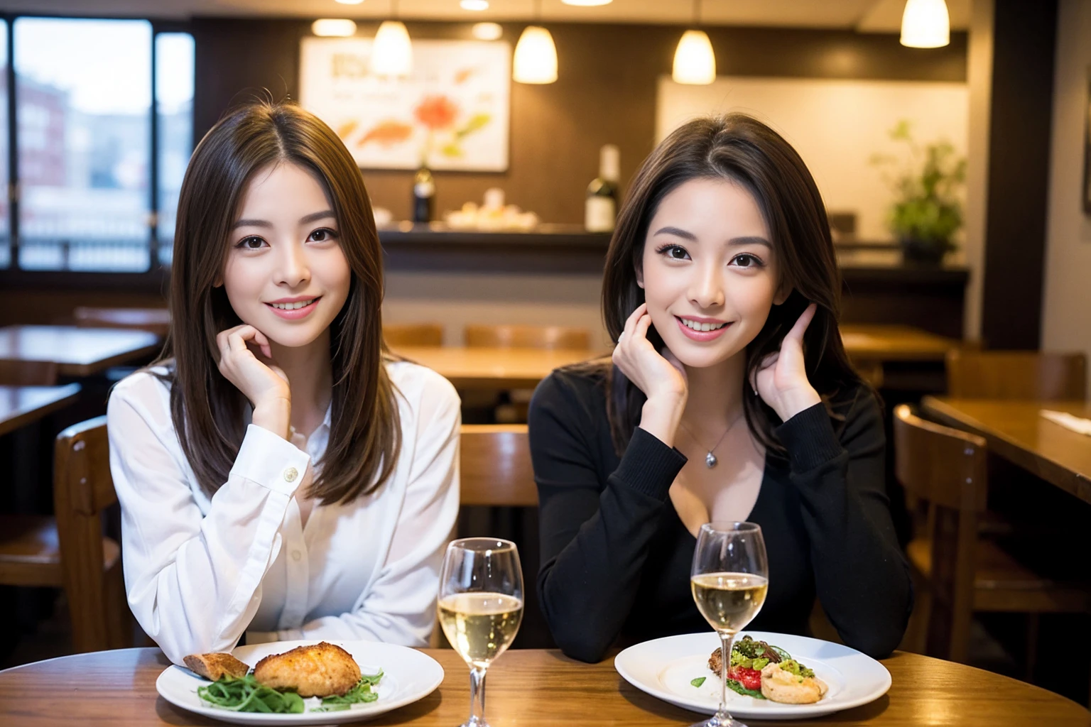 ((Highest quality、8K、masterpiece:1.3))、1 male、1 female、Satomi Ishihara、Beautiful couple、smile、full-course dinner、 (Slim face), (the body is スリム), (Brown Hair), (Shortcuts), ((Bob Hale、Straight hair:1.2)), テーブルの上のwine glass、Put the light on your face、 Amazing view of the sunset sky and clouds、smileの美しさ、Bright image、Blushing, Shortcuts, (43 years old), 39 years old, Appetizers、Italian food、Wine bottle、Champagne、sparkling wine、Long sleeve shirt、dress、Attractive beauty、restaurant, Nova Frog Style, actress, model, Upper Body, White wine, red wine, wine glass,