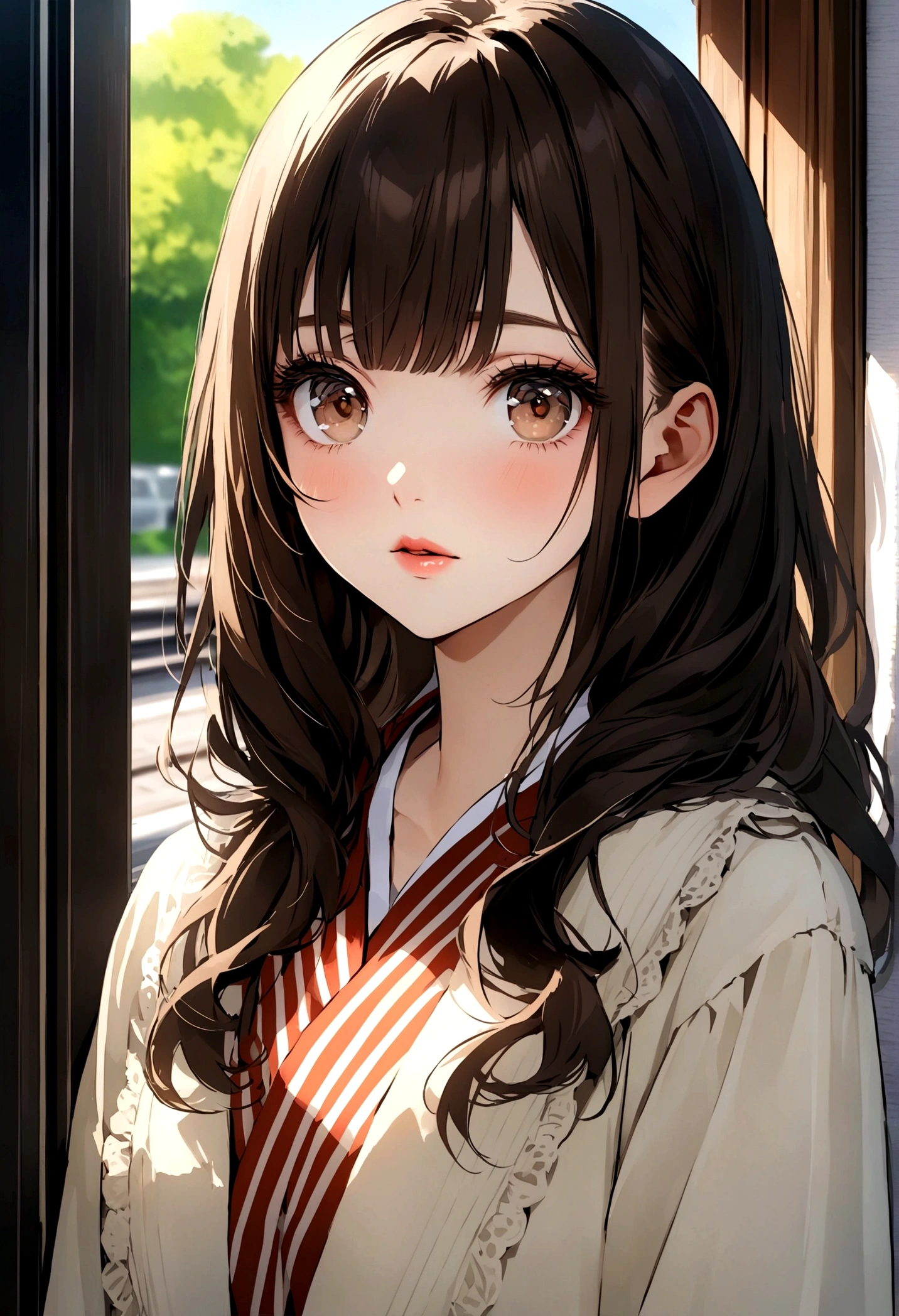 summer,She is waiting for a train at the station.She is a high school student in Japan.high quality, 8K Ultra HD, This is a very high quality photograph taken by a famous photographer.This is a beautiful picture of a beautiful Japanese girl.Her hairstyle is bobbed and has bangs.Her eyes are dark brown and slightly drooping.My eyelashes are long.The lips are small and a little thick.She hardly wears makeup.Her eyes are dark brown and slightly drooping.My eyelashes are long.The lips are small and a little thick.She hardly wears makeup.Her eyes are dark brown and slightly drooping.My eyelashes are long.The lips are small and a little thick.She hardly wears makeup.She is a high school student in Japan.