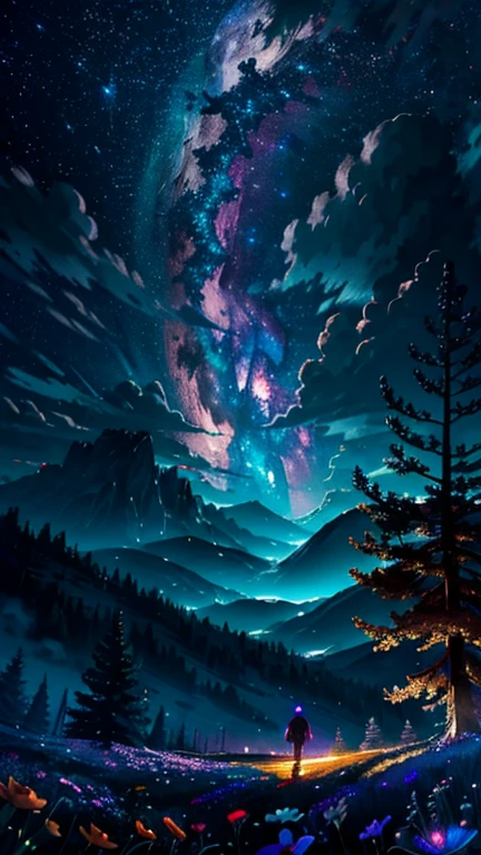 Vast landscape photography, (View from below。I can see the sky and the wilderness below.), Standing in a flower garden and looking up, (full moon: 1.2), (shooting star: 0.9), (nebula: 1.3), Distant Mountain, Treebreak Production Art, (Warm light source: 1.2), (fire Fly: 1.2), lamp, Purple and Orange, Exquisite detail, Volumetric Lighting Break (masterpiece: 1.2), (Highest quality ), 4K, Super detailed, (moving composition: 1.4), Extremely detailed and colorful (Iridescent: 1.2), (Sparkling Lights, Atmospheric lighting), dream-like, Magic, (alone: 1.2)
