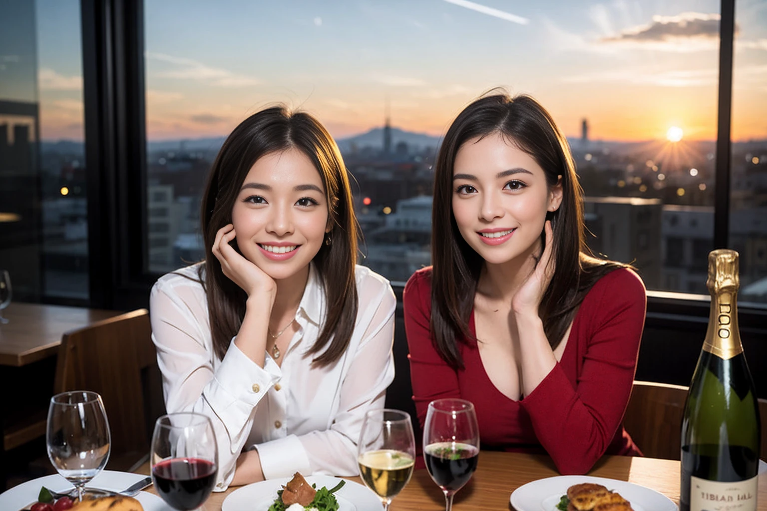 ((Highest quality、、masterpiece:1.3))、1 male、1 female、spouse、Beautiful couple、smile、full-course dinner、 (Slim face), (the body is スリム), (Brown Hair), (Shortcuts), ((Bob Hale、Straight hair:1.2)), テーブルの上のwine glass、Put the light on your face、 Amazing view of the sunset sky and clouds、smileの美しさ、Bright image、Blushing, Shortcuts, (43 years old), 39 years old, Appetizers、Italian food、Wine bottle、Champagne、sparkling wine、Long sleeve shirt、dress、Attractive beauty、restaurant, Nova Frog Style, actress, model, Upper Body, White wine, red wine, wine glass, 