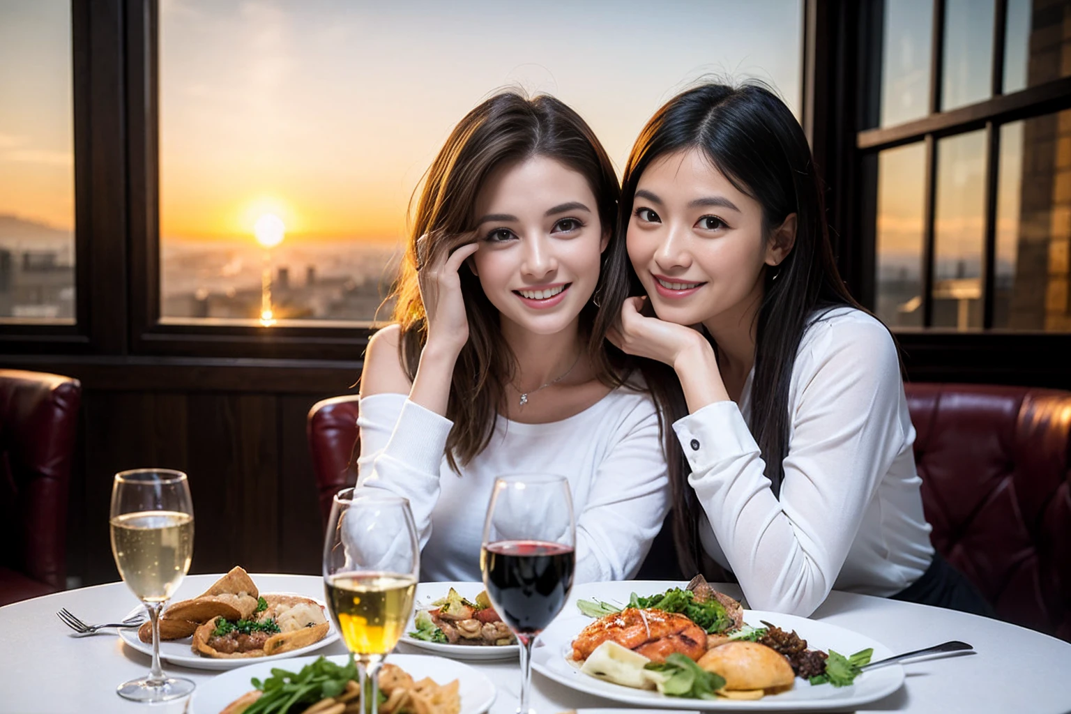 ((Highest quality、、masterpiece:1.3))、1 male、1 female、spouse、Beautiful couple、smile、full-course dinner、 (Slim face), (the body is スリム), (Brown Hair), (Shortcuts), ((Bob Hale、Straight hair:1.2)), テーブルの上のwine glass、Put the light on your face、 Amazing view of the sunset sky and clouds、smileの美しさ、Bright image、Blushing, Shortcuts, (43 years old), 39 years old, Appetizers、Italian food、Wine bottle、Champagne、sparkling wine、Long sleeve shirt、dress、Attractive beauty、restaurant, Nova Frog Style, actress, model, Upper Body, White wine, red wine, wine glass,
